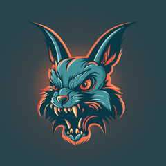 Raging aggressive rabbit with burning eyes. Color logo hare in flat style. Vector illustration