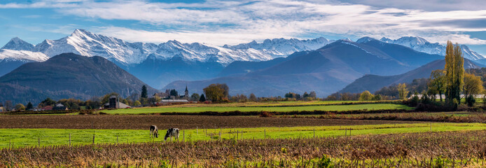 Panorama of a farm and field at the base of the Pyrenees Mountains