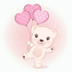 Cute Teddy Bear and heart balloon, valentine's day concept