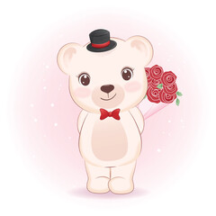 Cute Little Bear and rose bouquet, Valentine's day concept illustration