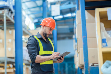 Warehouse workers in helmets checking goods and supplies on shelves with goods background in warehouse worker packing in a large warehouse in a large warehouse. Logistics industry concept.