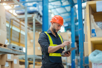 Warehouse workers in helmets checking goods and supplies on shelves with goods background in warehouse worker packing in a large warehouse in a large warehouse. Logistics industry concept.