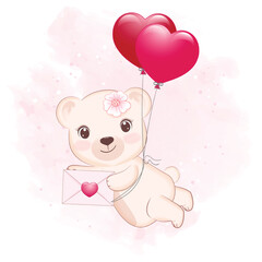 Cute Little Bear holding love letter Valentine's day concept illustration