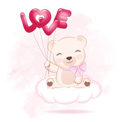 Obraz na płótnie Canvas Cute Little Bear holding balloon Valentine's day concept illustration