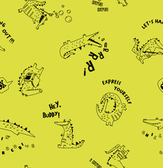 a fun children's pattern with crocodiles and letters on a fashionable bright background. linear hand drawing. artwork for fabrics, souvenirs, packaging, greeting cards 