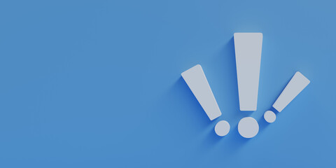 three white exclamation mark on blue background, 3d rendering