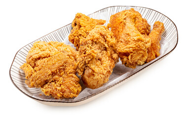 korean food, Fried chicken isolated on white dish With clipping path, Fried chicken on white.