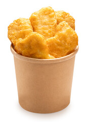 Nugget Fried chicken isolated on on paper bucket With clipping path, Fried chicken on white.