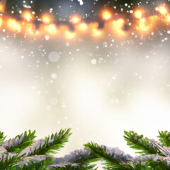 Fototapeta na wymiar Christmas lights background with fir branches and falling snow with copyspace. Generative AI