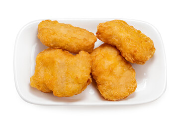 Nugget Fried chicken isolated on white dish With clipping path, Fried chicken on white.