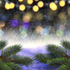 Naklejka premium Christmas lights background with fir branches with copyspace. Generative AI