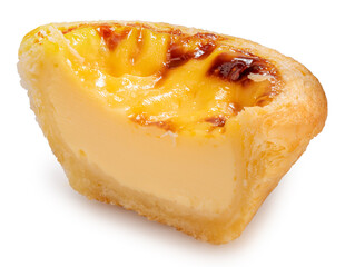 Sweet Baked Egg tart isolated on white background, Pie Portuguese egg tart on white With clipping path.