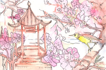 Japanese landscape, a bird sitting on a branch with pink flowers. The painting is painted in watercolor and marker.