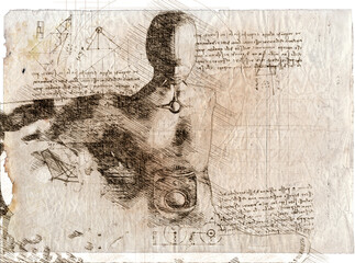 illustration - man drawing in style of Leonardo Da Vinci