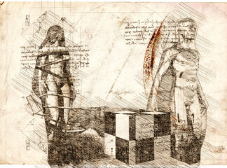  illustration - woman and man drawing in style of Leonardo Da Vinci
