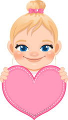Cute little Girl Holding Pink Heart Happy Kids Celebrating Valentine s Day Cartoon Character Design