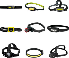 headlamp flashlight set cartoon. led torch, hiking lamp, night light, miner flash headlamp flashlight vector illustration