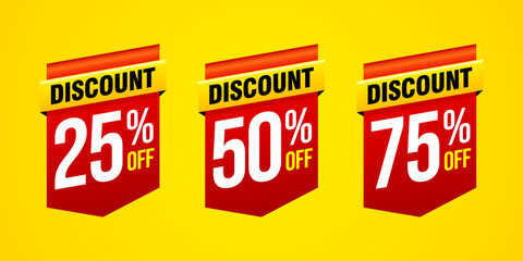 Set of discount label vector illustration, sale banner for promotional 25% off, 50% off, 75% off special offer tag sticker design element