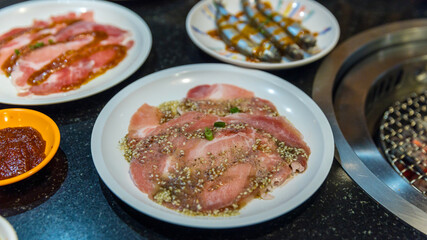 Fresh beef or Pork raw sliced. Fresh raw pork sirloin sliced