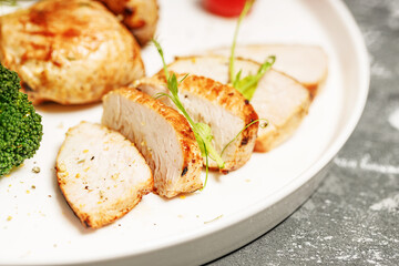Close-up Turkey breast meat and broccoli on a white plate. Delicious and healthy food. KETO diet concept. Copy space