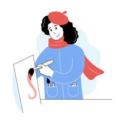 Artist girl painting on canvas with paints and paintbrush. Smiling female painter in red beret and scarf practicing her skills an class or workshop cartoon thin line vector illustration