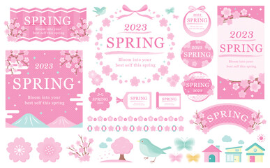 春らしい和風モダンな桜の花のフレームとベクターイラストセット素材_背景透過