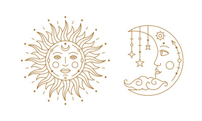 Mystical golden stylized boho sun and crescent moon. Astrology, esoteric, tarot, fortune telling and mysticism design elements thin line vector illustration on white background