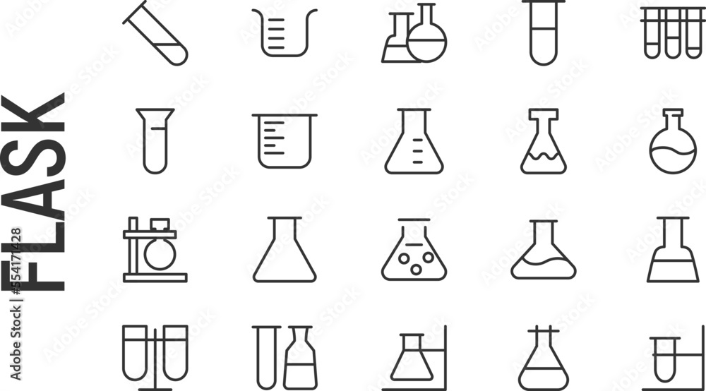 Poster vector set of flask thin line icons.