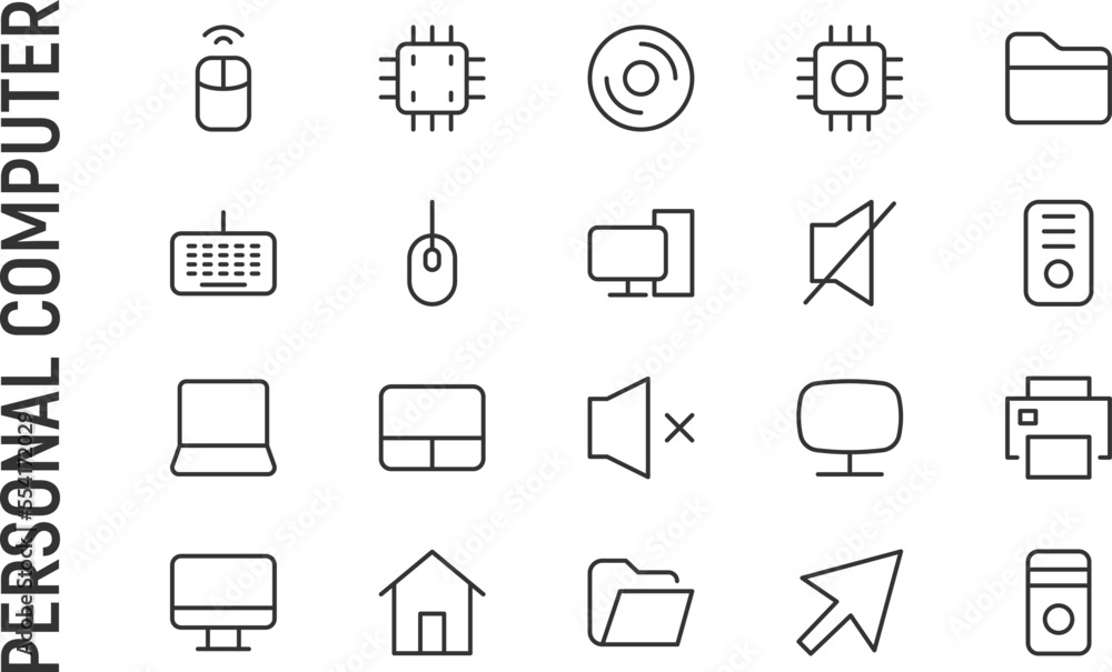 Poster vector set of personal computer thin line icons.