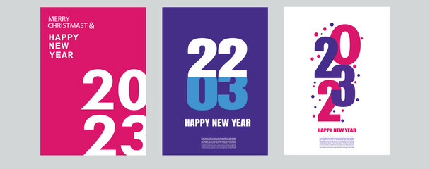Happy New Year 2023 greeting card collection. Posters template with minimalistic graphics and typography. Creative concept for banner, flyer, branding, cover, social media. Vector illustration.