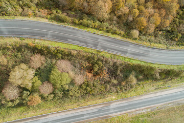 aerial view of a road and a forest in autumn, autumn colors