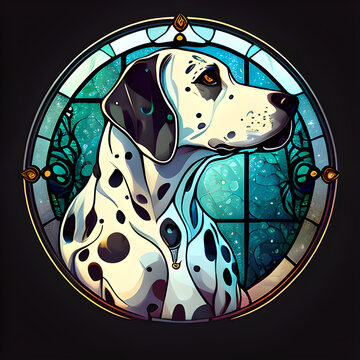 AI-generated illustration of a Dalmatian dog in a stained glass/mosaic frame in the style of Alphonse Mucha