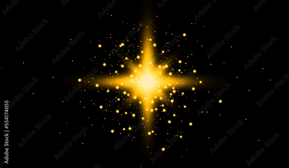 Poster a sparkling yellow star surrounded by a small star in dark space. twinkle star light for background 