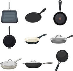 frying pan kitchen set cartoon. fry food, black cooking skillet, cook iron, chef handle empty frying pan kitchen vector illustration