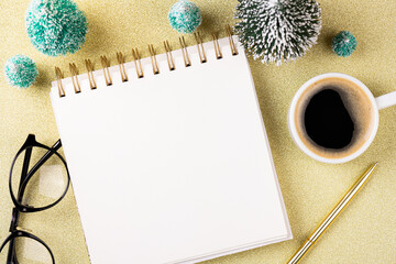 New year template white blank of notebook. 2023 resolutions list with notebook, coffee cup,...