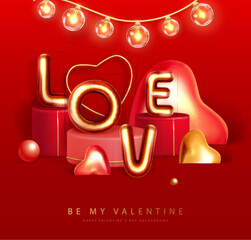 Happy Valentines Day poster with 3D chromic letters and love hearts. Holiday greeting card. Vector illustration