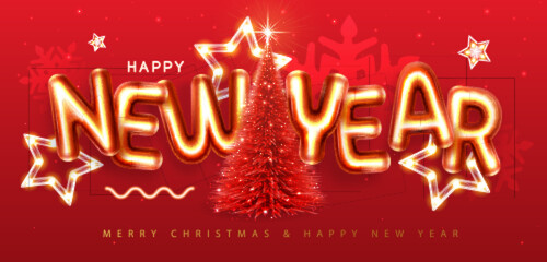 Fototapeta na wymiar Happy New Year poster with 3D chromic letters and Christmas tree on red background. Holiday greeting card. Vector illustration