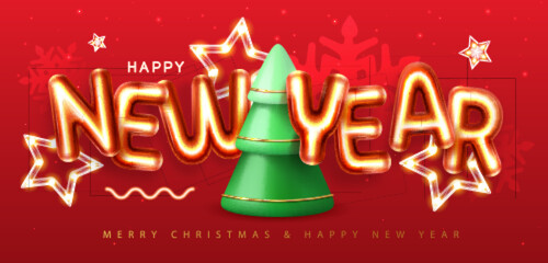 Happy New Year poster with 3D chromic letters and Christmas tree on red background. Holiday greeting card. Vector illustration