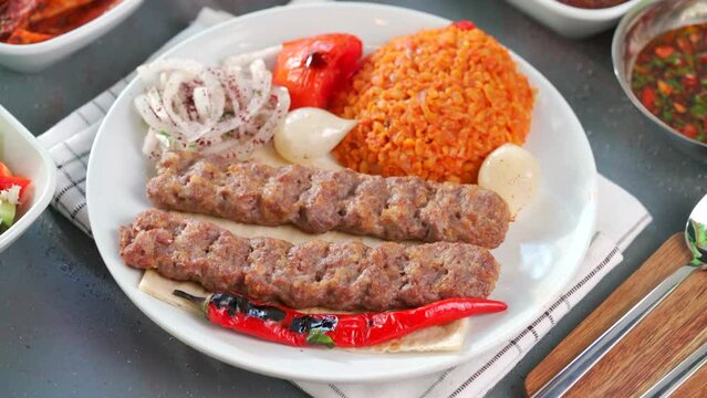 Traditional Turkish meal kebab, Ali nazik, adana kebap, urfa kebap, &ccedil;&ouml;p şiş, patlican kebap, domates kebap, şaşlık, saslik, ciger sis on table top view
