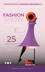 Poster Modeshow / fashion week vector ontwerpsjabloon. Abstract beeld van een modieuze vrouw die op de catwalk loopt ©  danjazzia