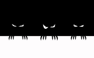 Illustration spooky eyes in the black background. Halloween background. a three monsters comes out. Scary long fingers with nails.