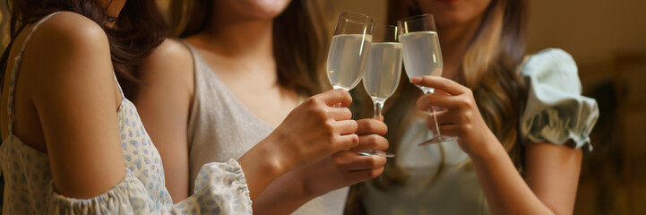 New Year celebration concept, Young beautiful group clinking champagne to celebrating in party