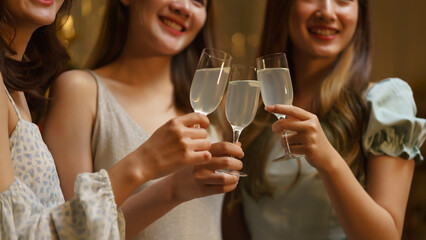 New Year celebration concept, Young beautiful group clinking champagne to celebrating in party