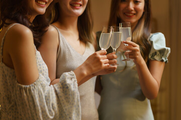 New Year celebration concept, Young beautiful group clinking champagne to celebrating in party