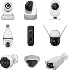 security camera cctv set cartoon. system control, safety guard, technology equipment secure security camera cctv vector illustration