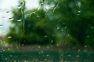 Gotas de lluvia en un vidrio. Fondo verde