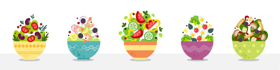 Fototapeta premium Many different bowls with tasty salads on white background