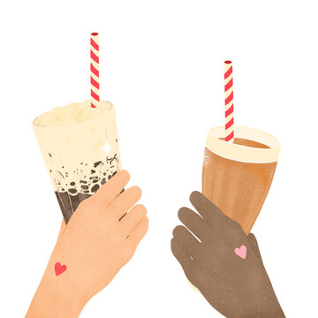traditional Cantonese drinks red bean ice and milk tea cheers on transparent background