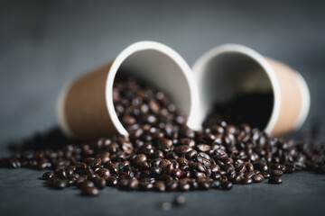 Brown roasted coffee beans. Selective focus