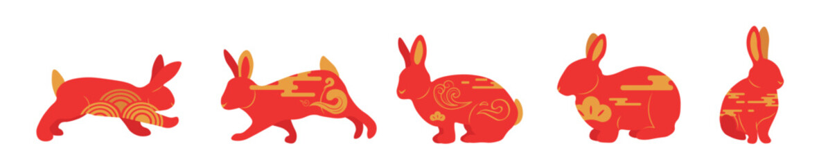 Set of red Chinese New Year rabbits on white background